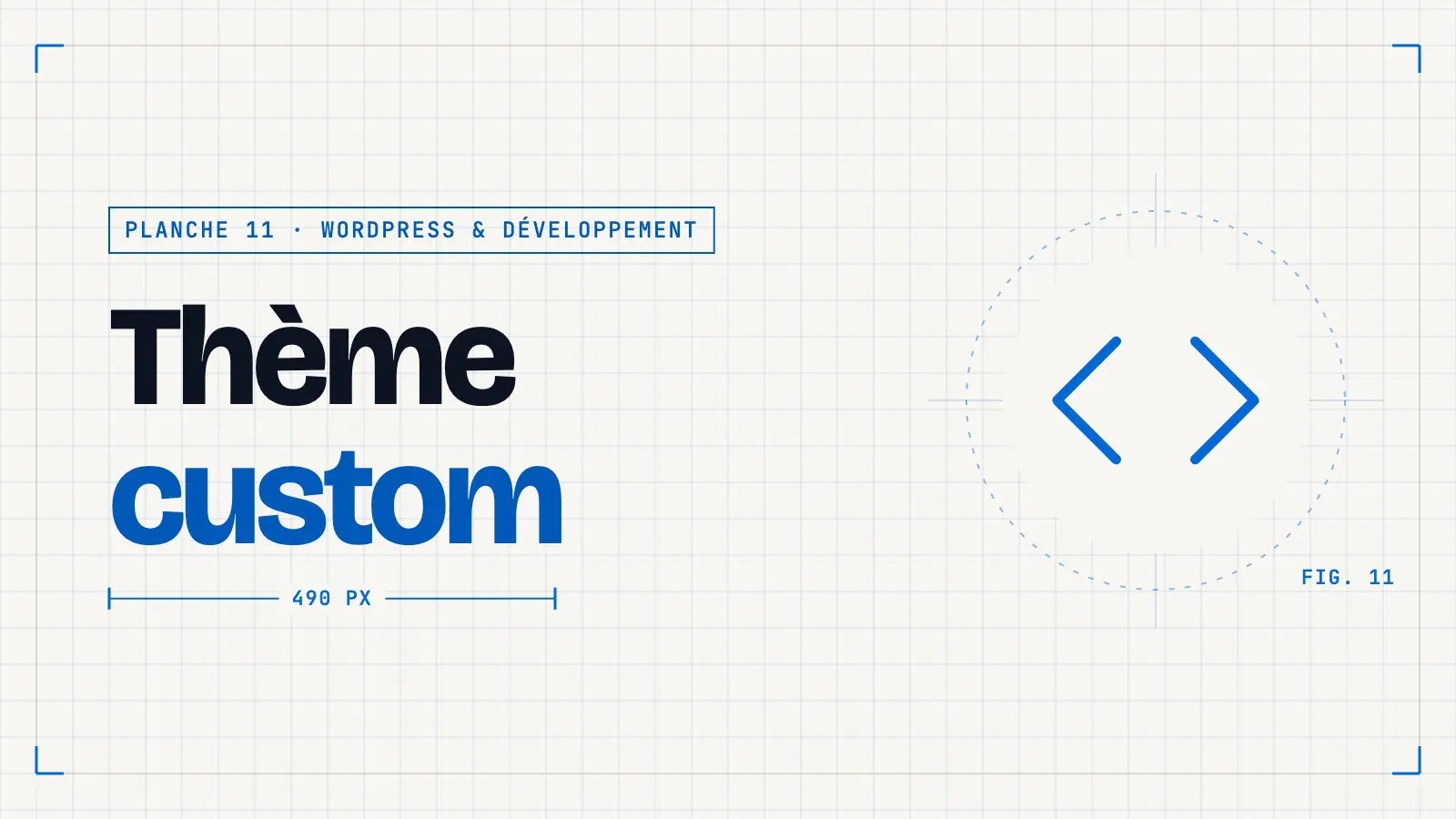 Planche technique « Thème custom » avec une icône de chevrons de code, couverture d’un article de la thématique WordPress & développement