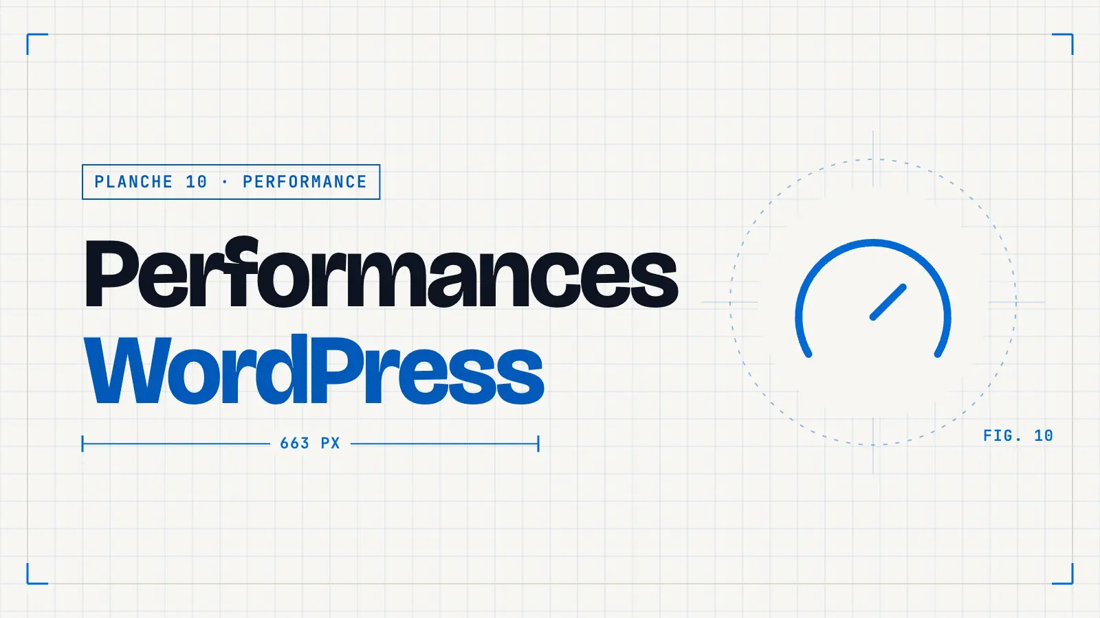 Planche technique « Performances WordPress » avec une icône de compteur de vitesse, couverture d’un article de la thématique Performance