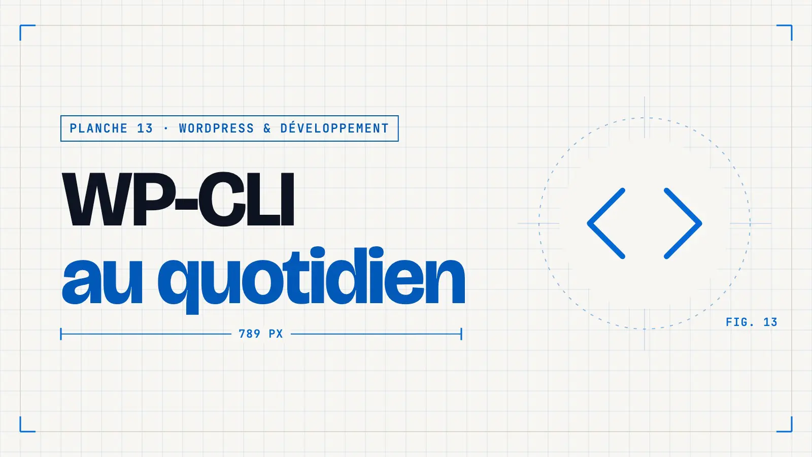 Planche technique « WP-CLI au quotidien » avec une icône de chevrons de code, couverture d’un article de la thématique WordPress & développement