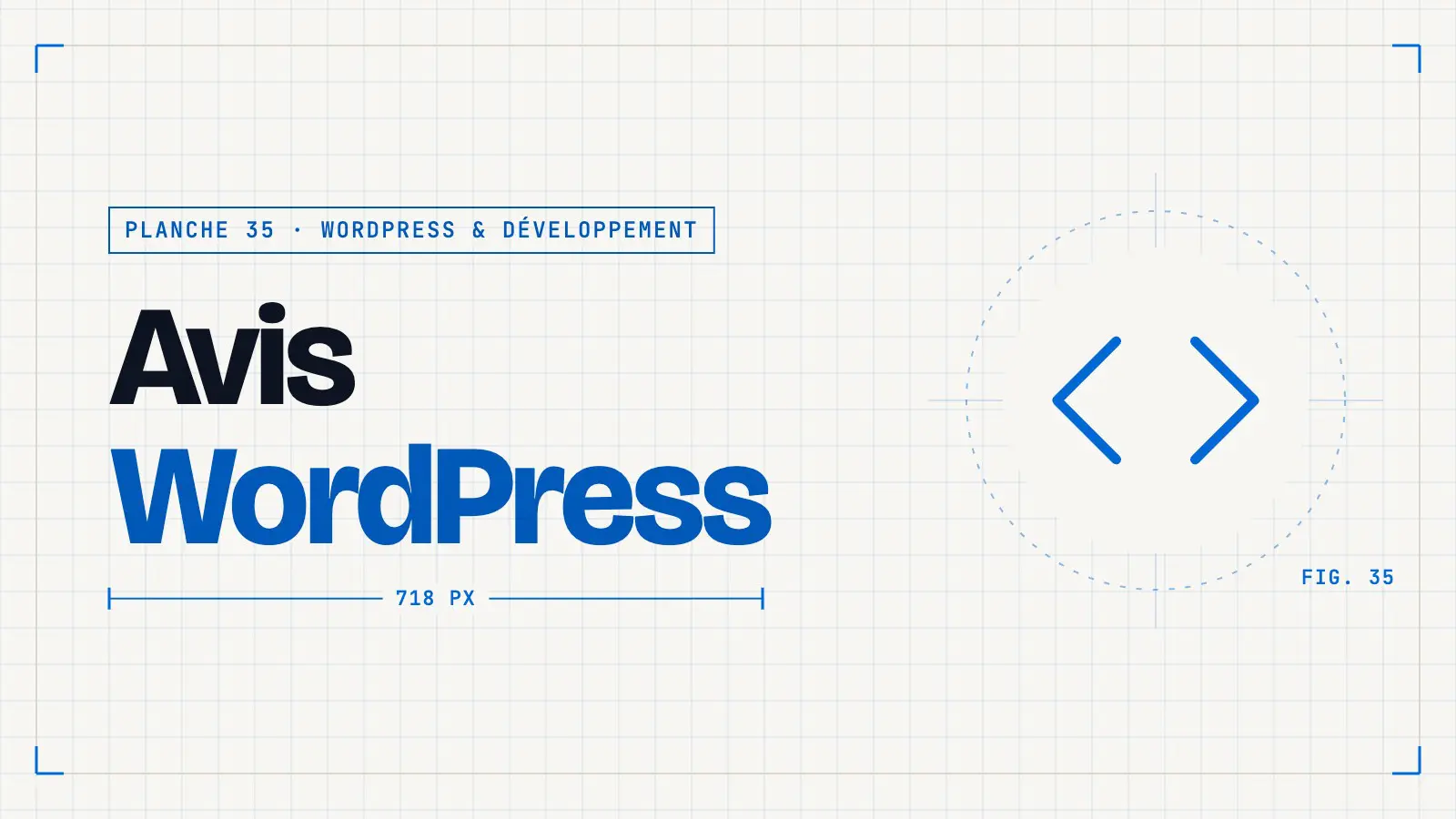 Planche technique « Avis WordPress » avec une icône de chevrons de code, couverture d’un article de la thématique WordPress & développement