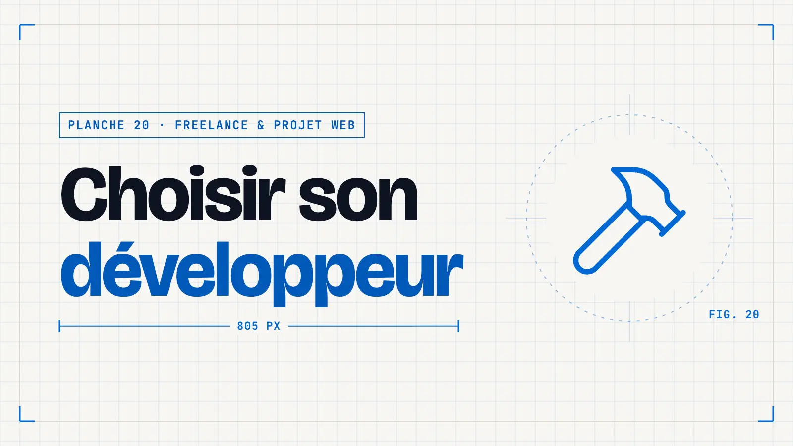 Planche technique « Choisir son développeur » avec une icône de marteau, couverture d’un article de la thématique Freelance & projet web