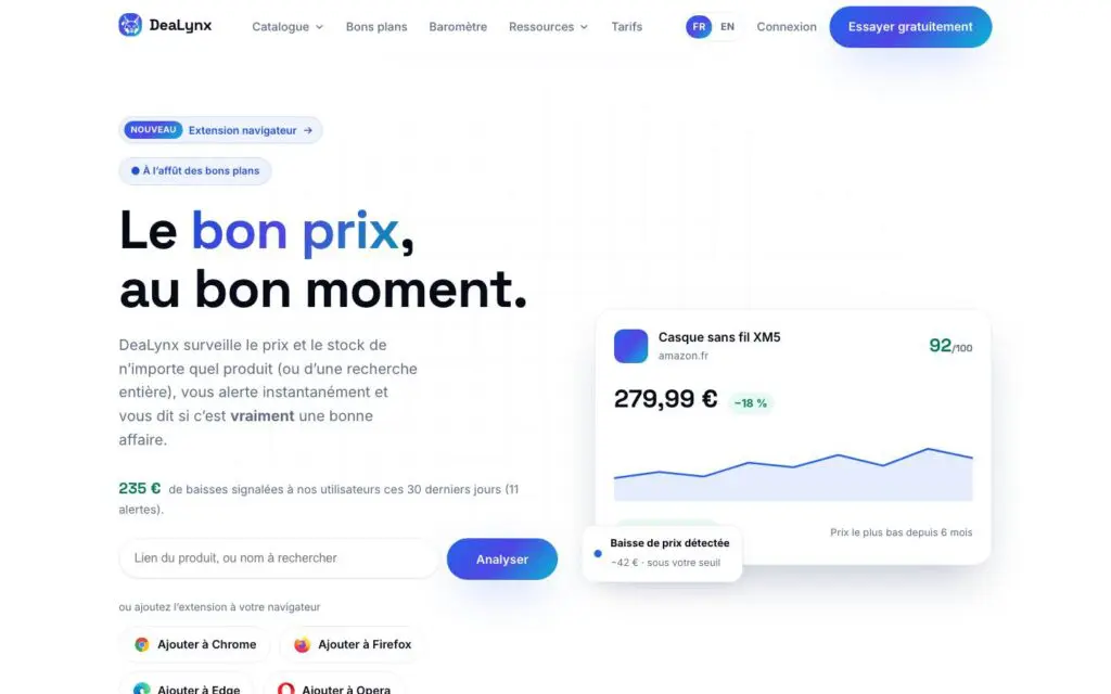 Page d'accueil de dealynx.fr en ligne, capture du 24 septembre 2026